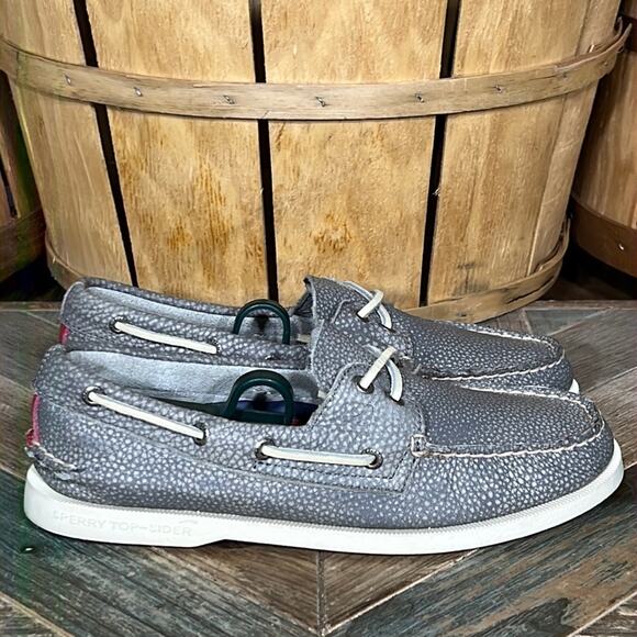 Sperry A/O 2-Eye Washed Flecked Pebbled Gray Red Leather Boat Shoes Mens Size 7 - Picture 1 of 11